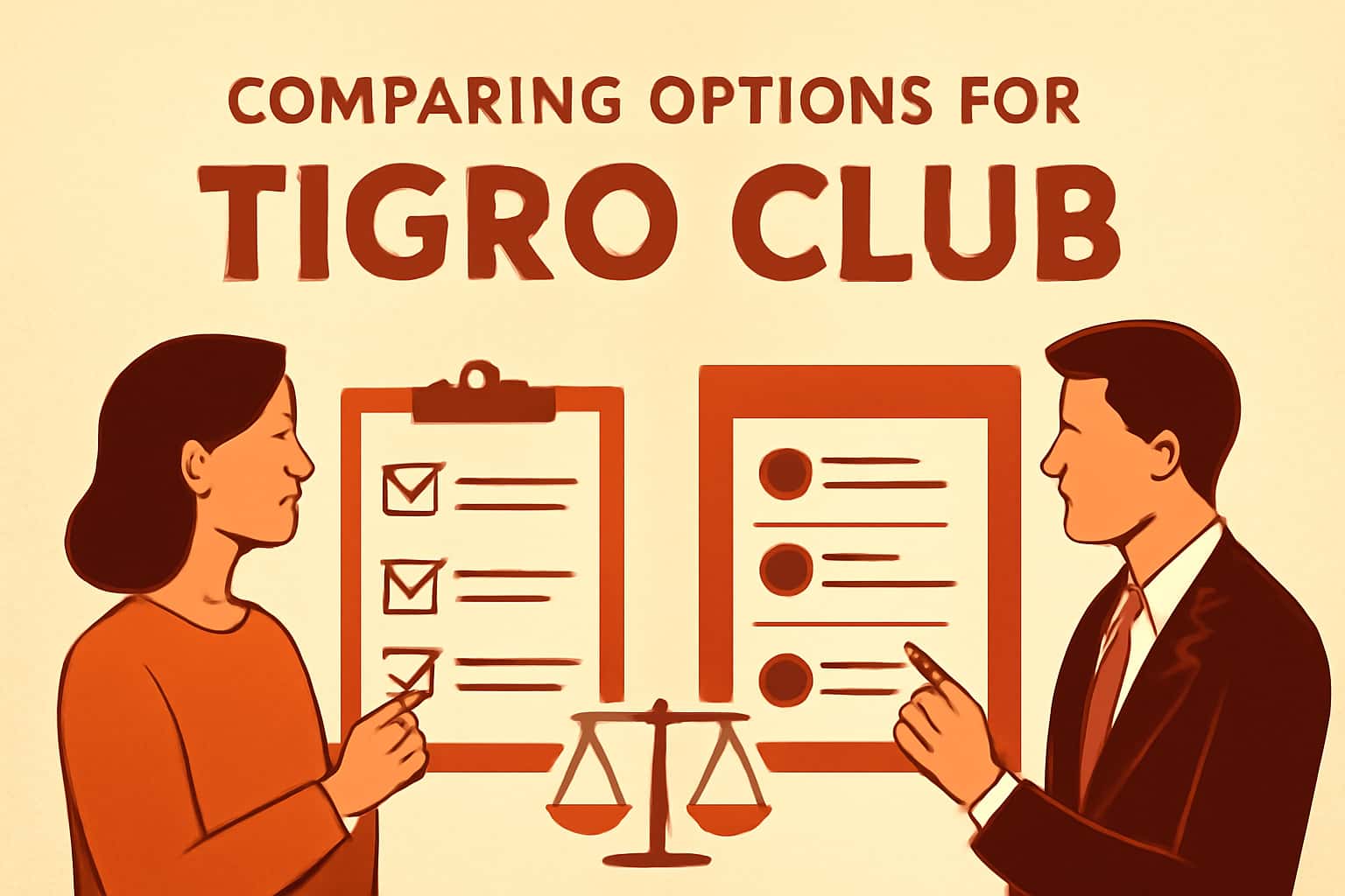 A futuristic scene depicting the options available for Tigro Club access.