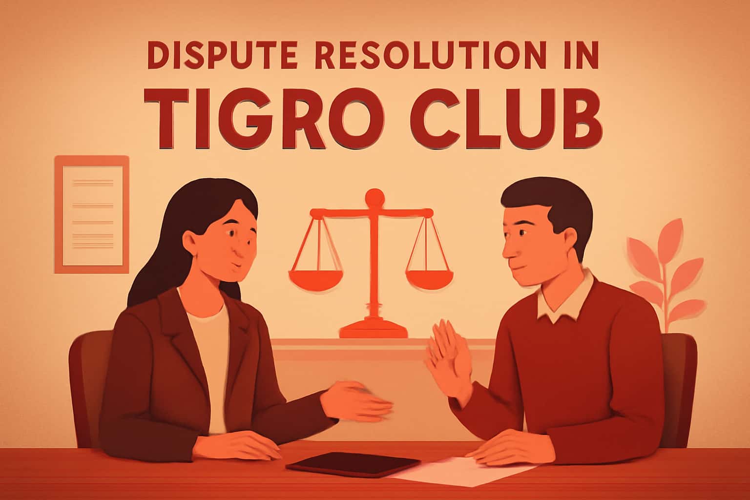 An informative scene illustrating the dispute resolution process in Tigro Club with clear focus on the text.
